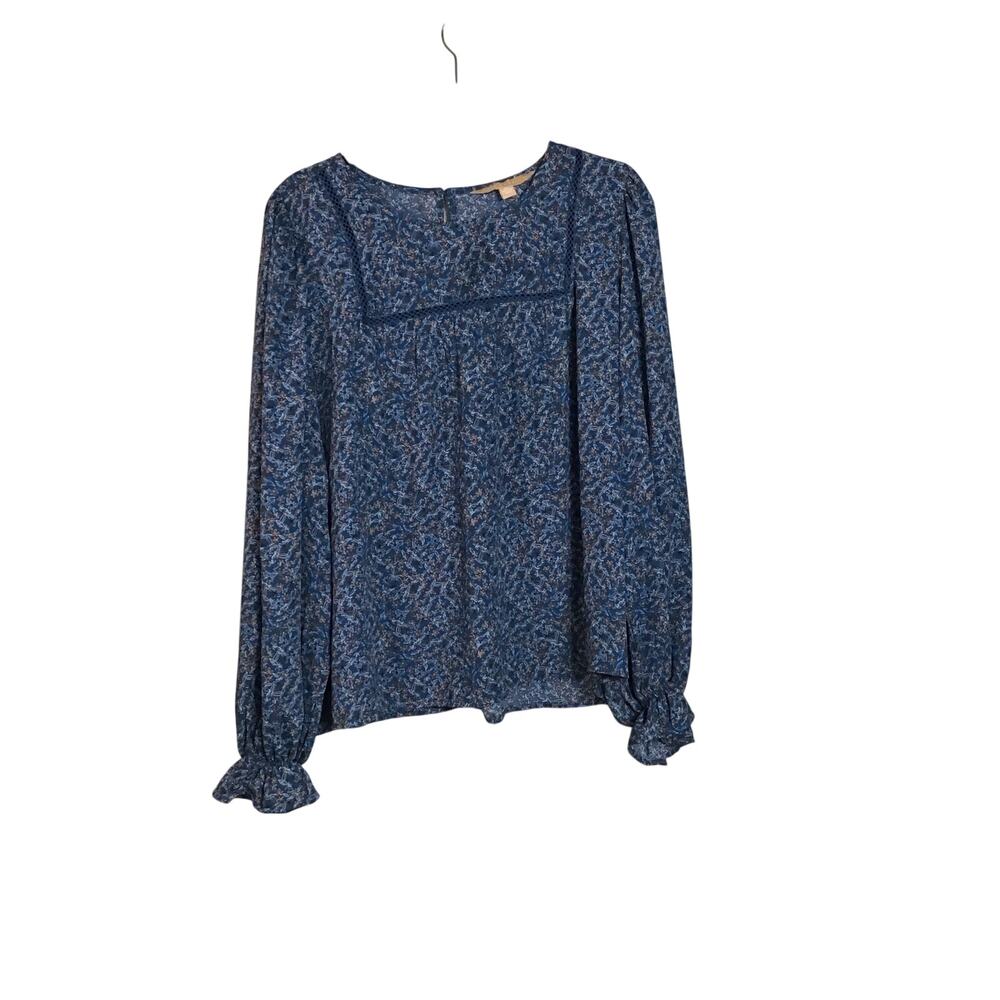 Hope & Harlow Blue floral Peasant blouse lace trim on front and back yoke Sz.XL